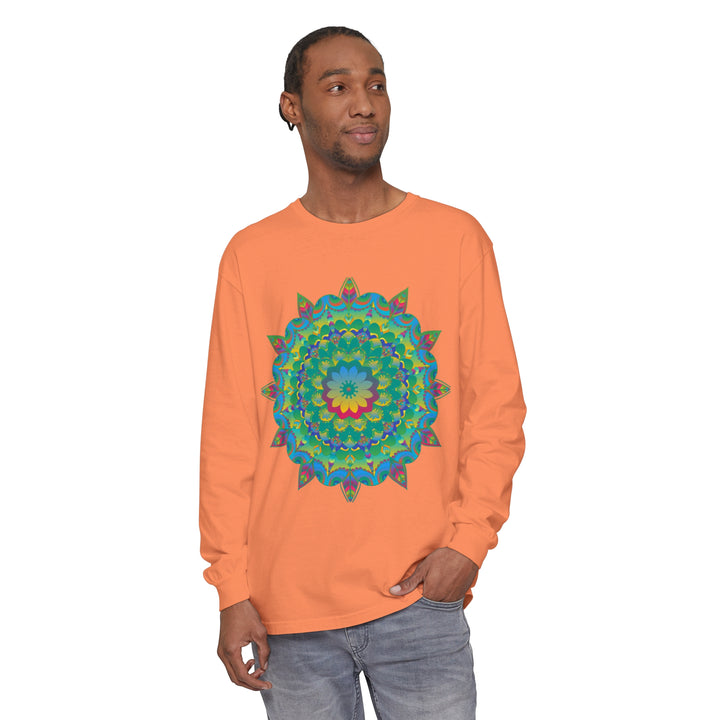 Colorful psychedelic mandala design on a comfortable long sleeve t-shirt