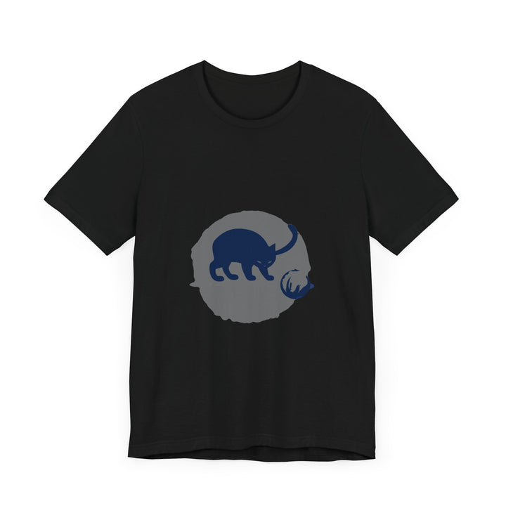 A black cat mystery t-shirt featuring a playful silhouette design