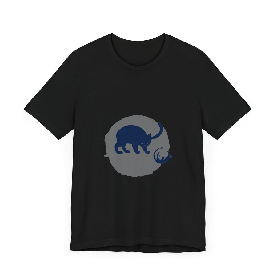 A black cat mystery t-shirt featuring a playful silhouette design