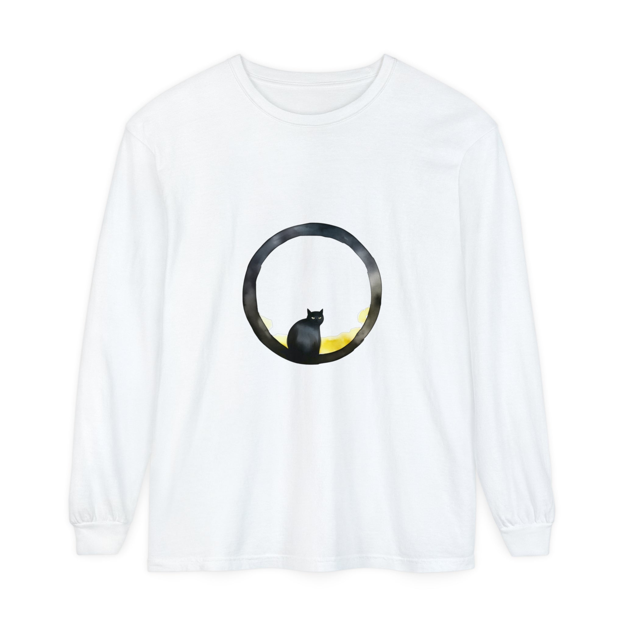 A black long sleeve t-shirt featuring a mesmerizing moon glow graphic of a cat