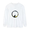 A black long sleeve t-shirt featuring a mesmerizing moon glow graphic of a cat