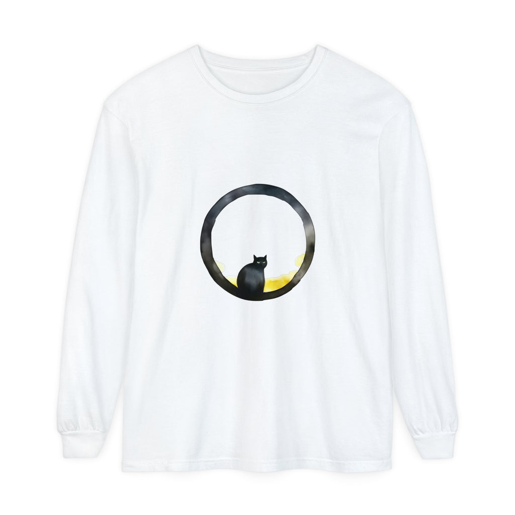 A black long sleeve t-shirt featuring a mesmerizing moon glow graphic of a cat