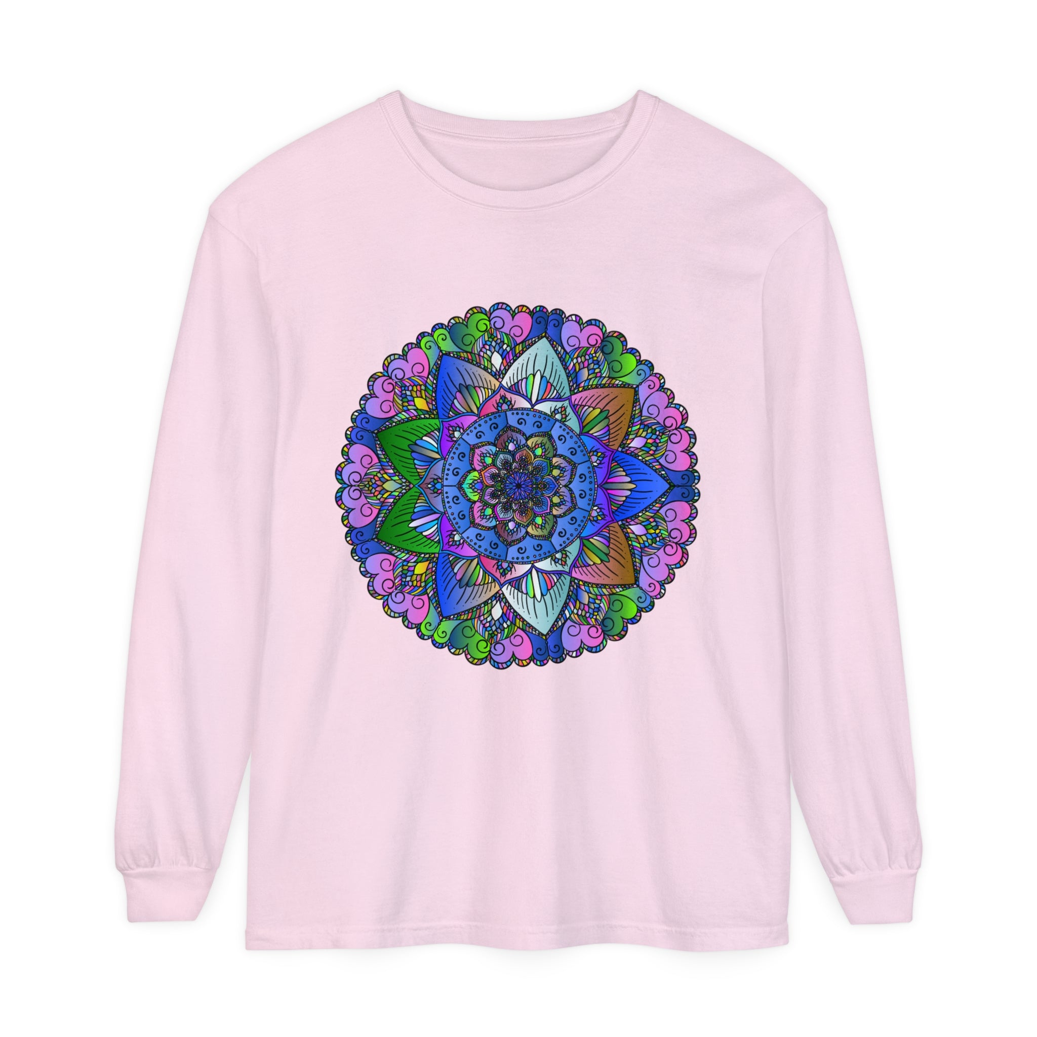 Colorful and intricate mandala design on a unisex long sleeve t-shirt