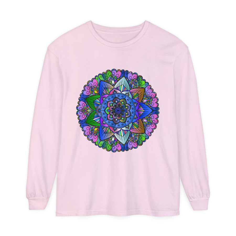 Colorful and intricate mandala design on a unisex long sleeve t-shirt