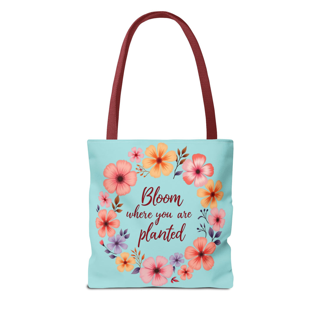 Three sizes of floral tote bags with the quote 'Bloom Where You Are Planted' printed on them, perfect for carrying your essentials in style