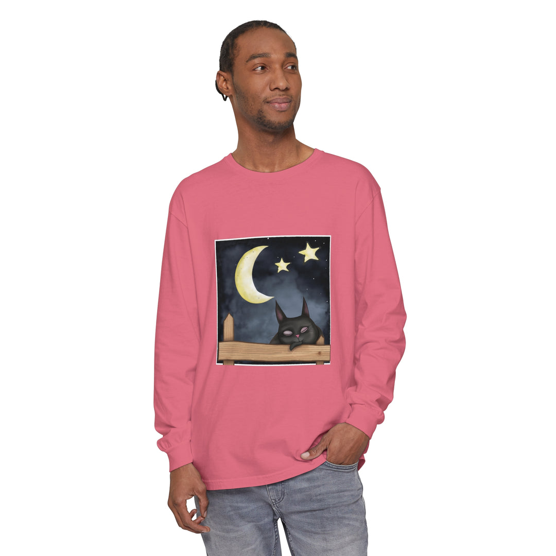 Sleepy Cat Night Sky T-Shirt with a cute cat sleeping under the starry night sky design