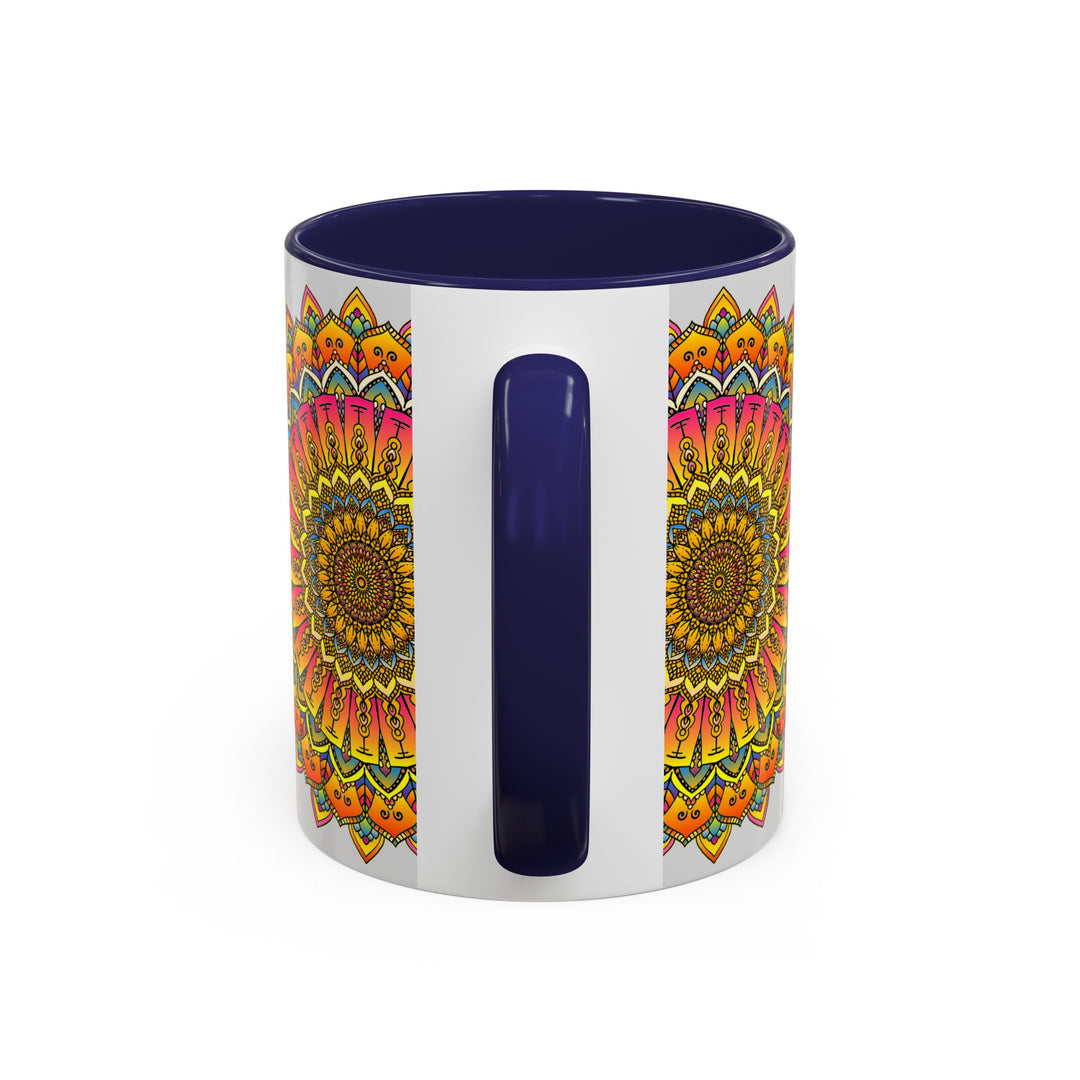 Vibrant and intricate mandala art adorns a ceramic mug, featuring a colorful floral design in shades of blue, red, and yellow