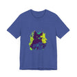 A close-up image of a black cat with glowing green eyes on a mysterious and abstract t-shirt design, perfect for cat lovers and fans of unique fashion