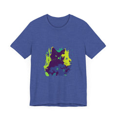 A close-up image of a black cat with glowing green eyes on a mysterious and abstract t-shirt design, perfect for cat lovers and fans of unique fashion