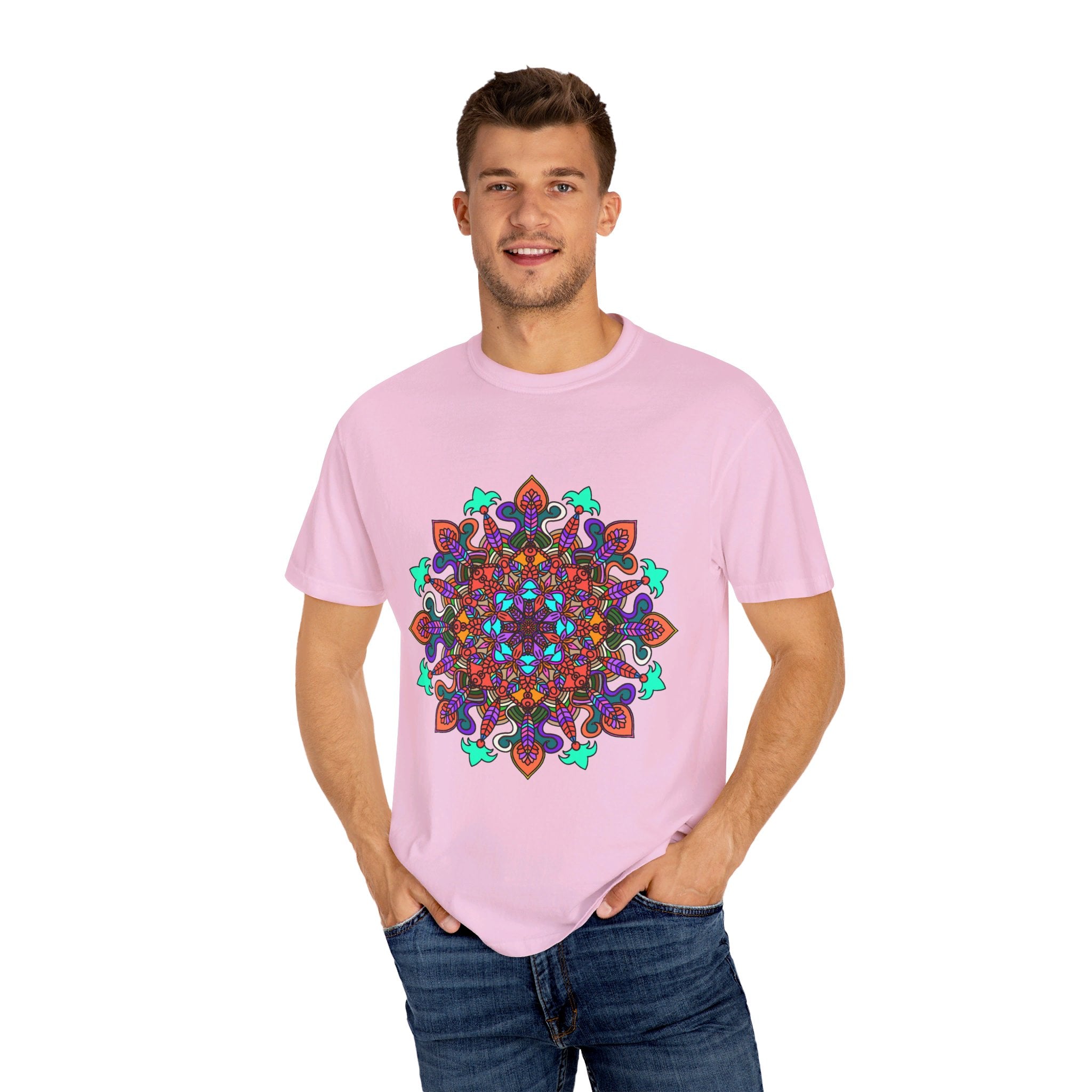 Unisex mandala t-shirt made of 100% ring-spun cotton, featuring hand-drawn mandala art and garment-dyed for extra comfort