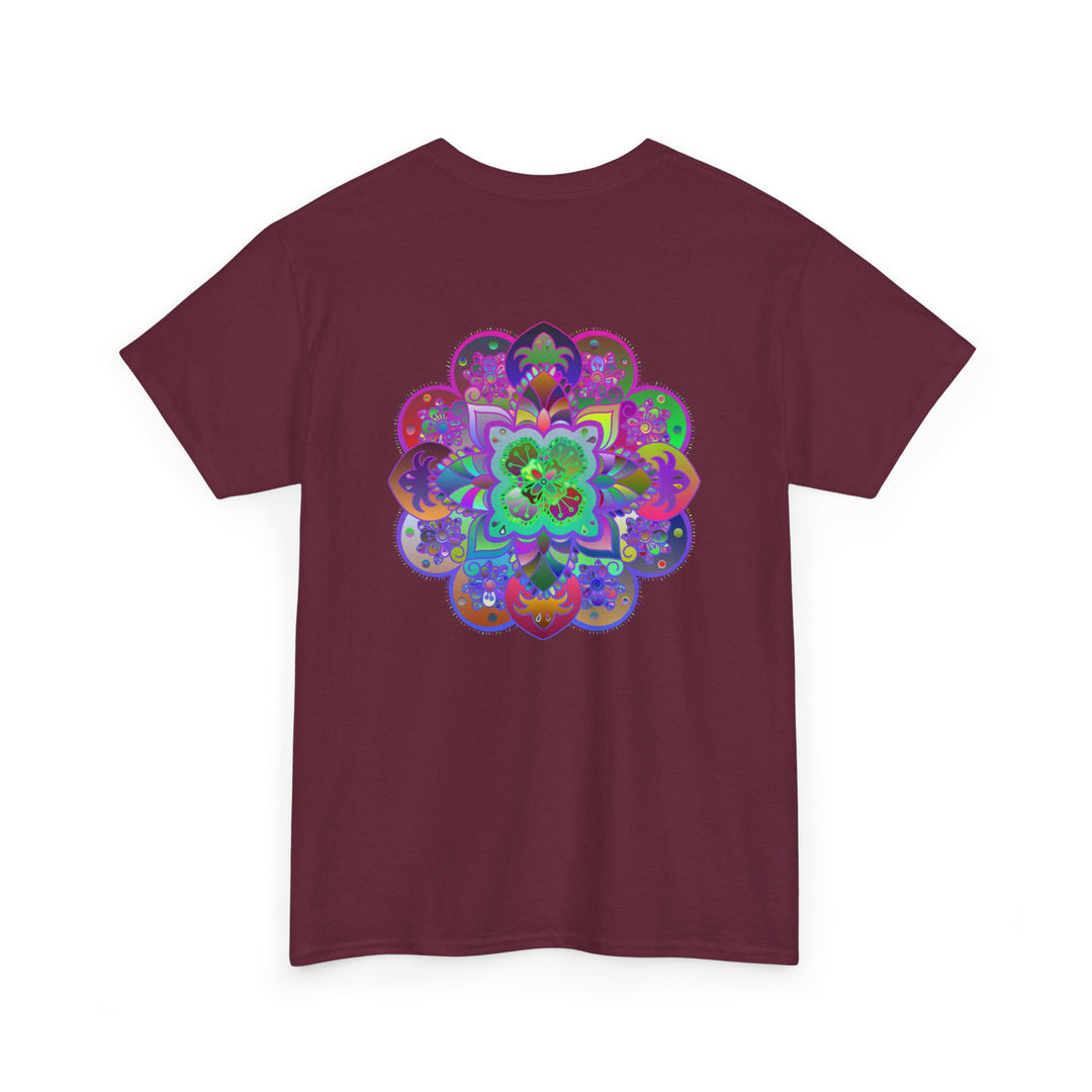 Colorful mandala art design on t-shirt promoting mindfulness and yoga