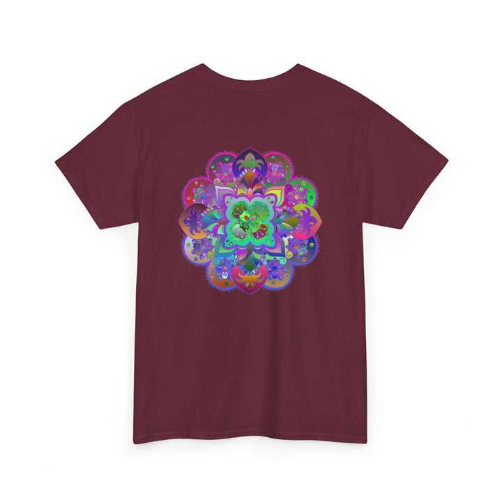 Colorful mandala art design on t-shirt promoting mindfulness and yoga