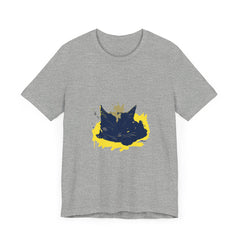 A black cat with glowing green eyes is featured on a street art t-shirt