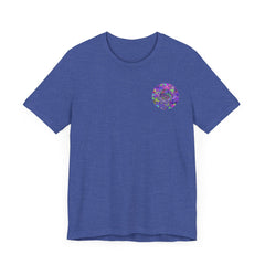 A vibrant, colorful mandala tee featuring spiritual symbols, promoting peace and harmony in its design