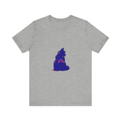 A vibrant and eye-catching black cat mystery t-shirt featuring colorful and playful design