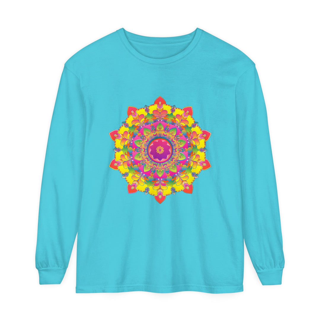 Vibrant Mandala Long Sleeve T-Shirt, a colorful and eye-catching top featuring a beautiful mandala design on the front, perfect for adding a pop of style to any outfit