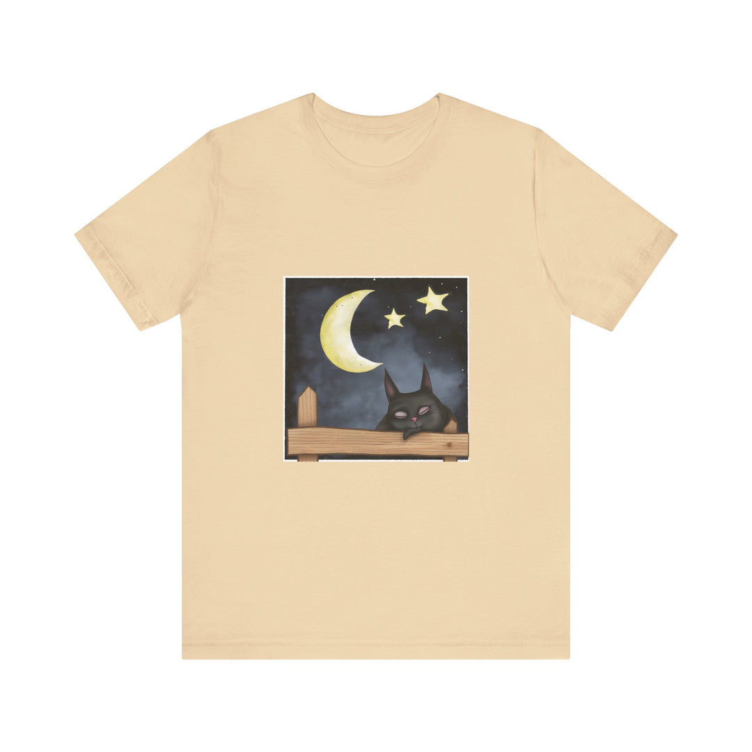 Sleepy Cat Moonlit Night T-Shirt featuring a cute cat resting under the moonlight on a soft and comfortable black t-shirt