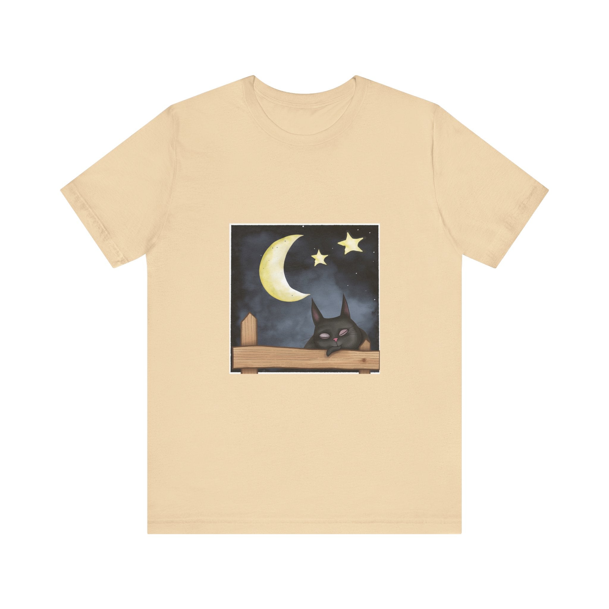 Sleepy Cat Moonlit Night T-Shirt featuring a cute cat resting under the moonlight on a soft and comfortable black t-shirt