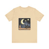 Sleepy Cat Moonlit Night T-Shirt featuring a cute cat resting under the moonlight on a soft and comfortable black t-shirt