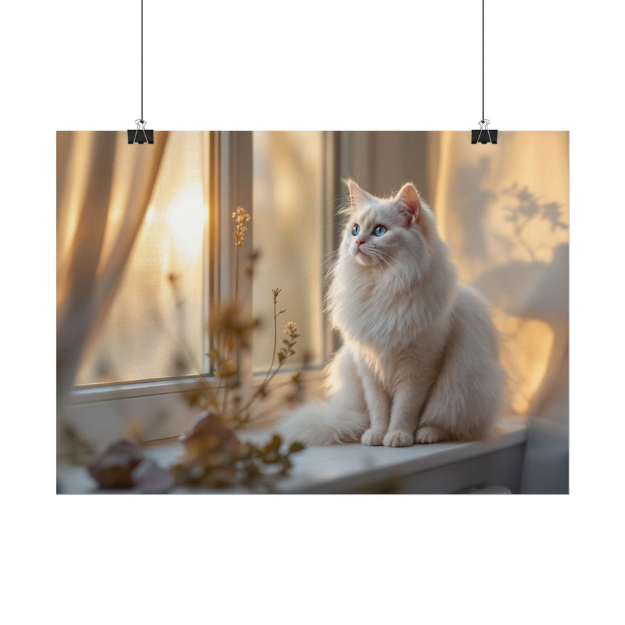 Rolled Poster — Serene Longhair Cat on Window Sill | Cozy Home Wall Art