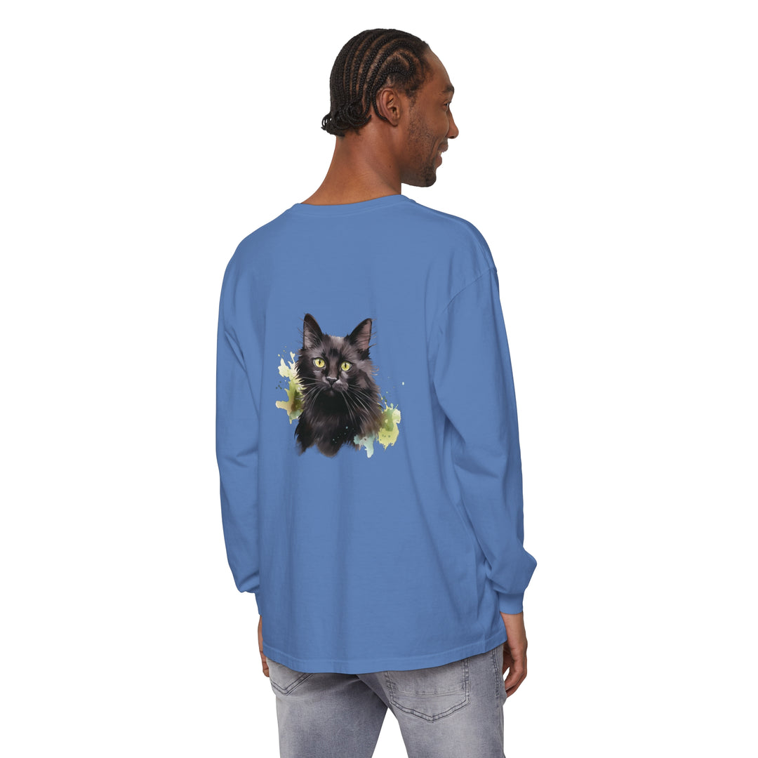 Black Cat Watercolor Splash Long Sleeve T-Shirt displayed on white background