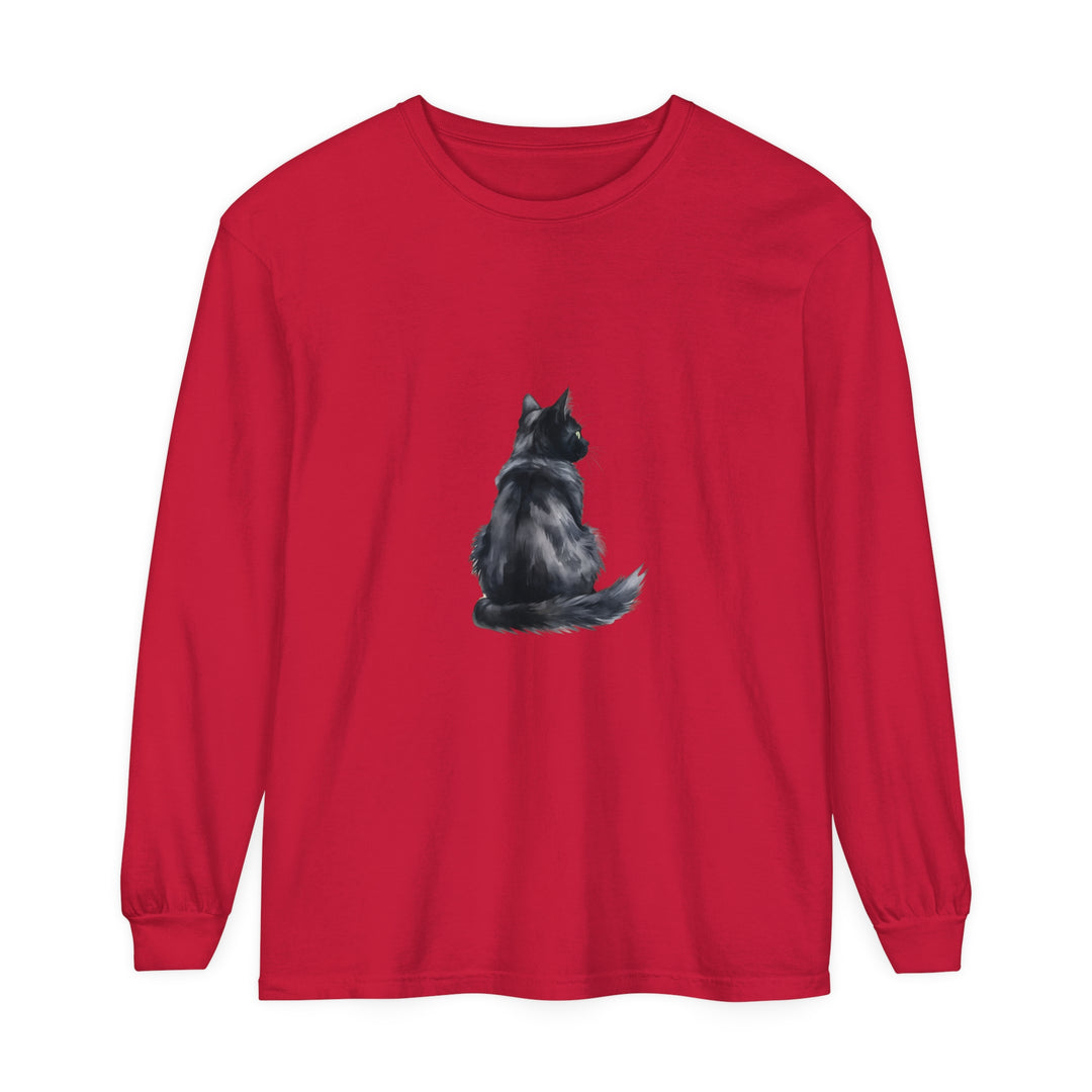 Black Cat Watercolor Long Sleeve T-Shirt featuring a vibrant watercolor design of a black cat on a comfortable long sleeve t-shirt