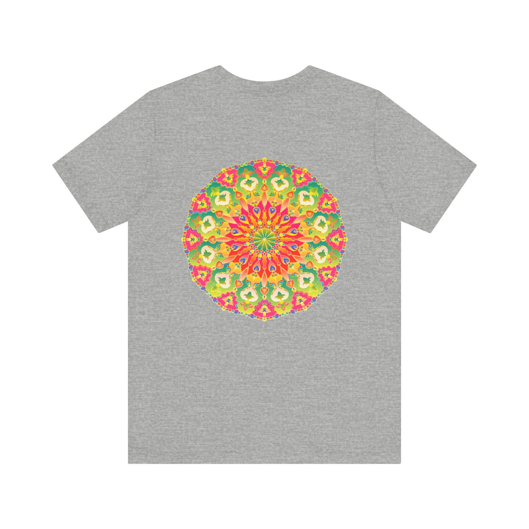 Vibrant Mandala T-shirt with intricate geometric design, promoting spiritual peace and harmony through its vibrant colors and intricate patterns