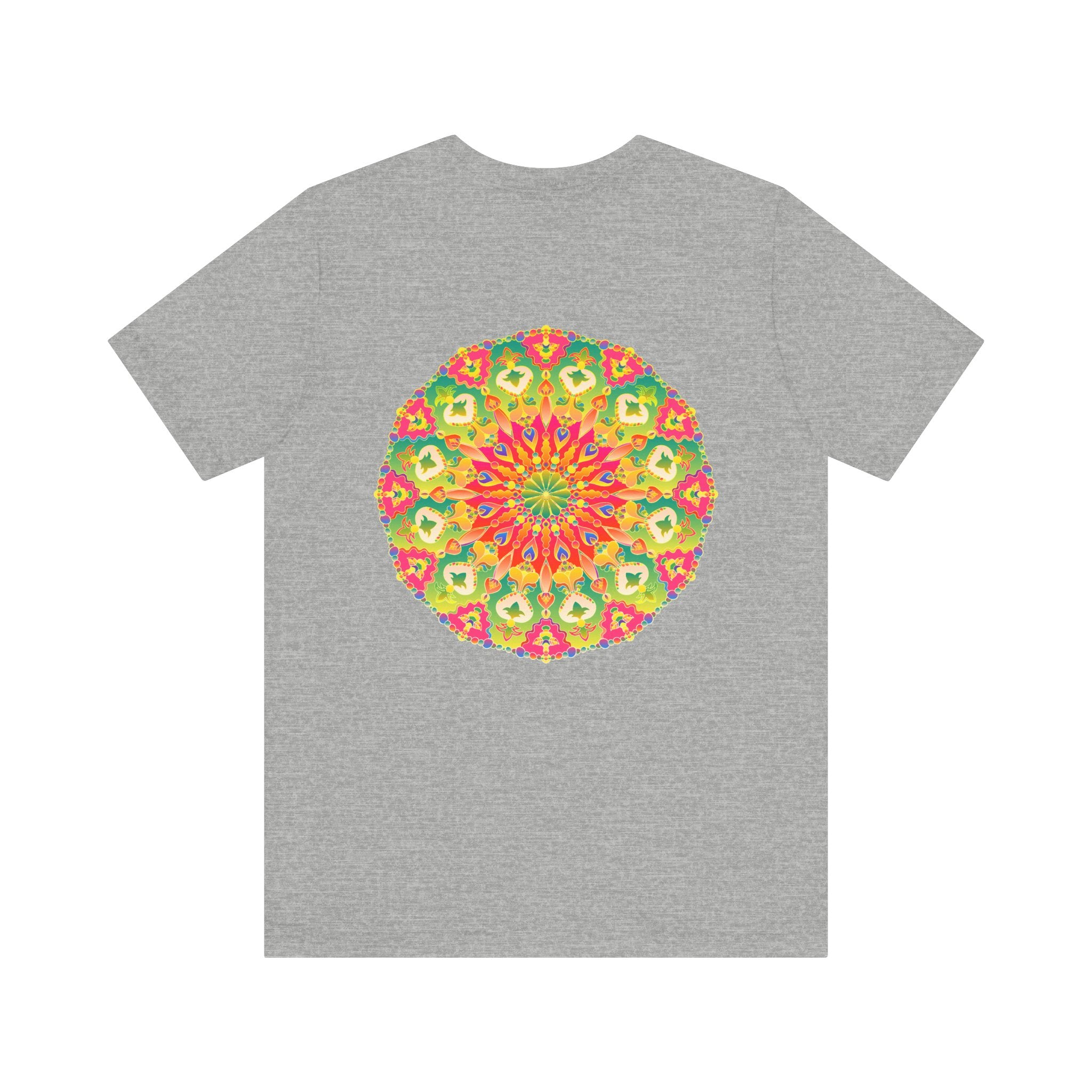 Vibrant Mandala T-shirt with intricate geometric design, promoting spiritual peace and harmony through its vibrant colors and intricate patterns