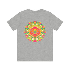 Vibrant Mandala T-shirt with intricate geometric design, promoting spiritual peace and harmony through its vibrant colors and intricate patterns