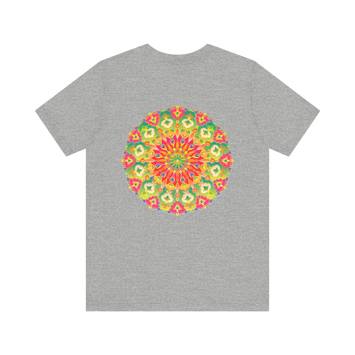 Vibrant Mandala T-shirt with intricate geometric design, promoting spiritual peace and harmony through its vibrant colors and intricate patterns