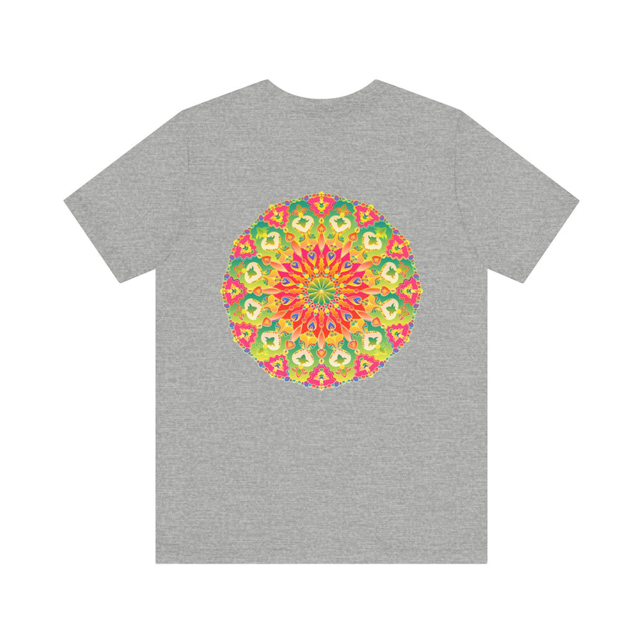 Vibrant Mandala T-shirt with intricate geometric design, promoting spiritual peace and harmony through its vibrant colors and intricate patterns