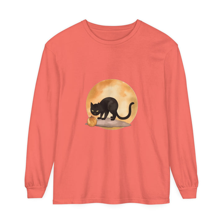 Black Cat & Moon Halloween T-Shirt with Spooky Design and Full Moon