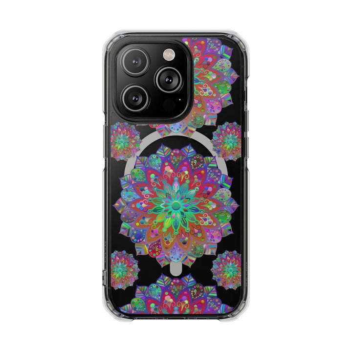 A close-up image of an elegant Mandala MagSafe®-Compatible iPhone 14/15 impact case in beautiful and intricate design, providing stylish and reliable protection for your phone