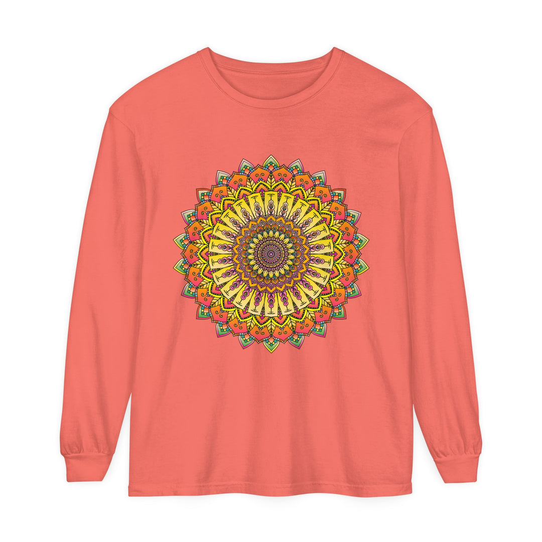 Intricate mandala design long sleeve t-shirt, unisex adult sizing, bohemian style