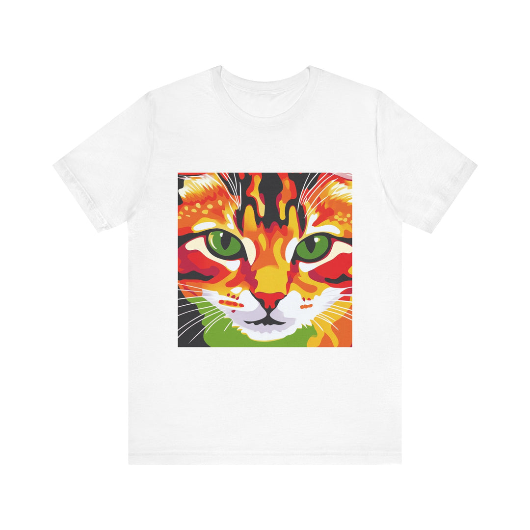 Vibrant and colorful abstract art featuring a majestic Savanna cat printed on a high-quality T-shirt