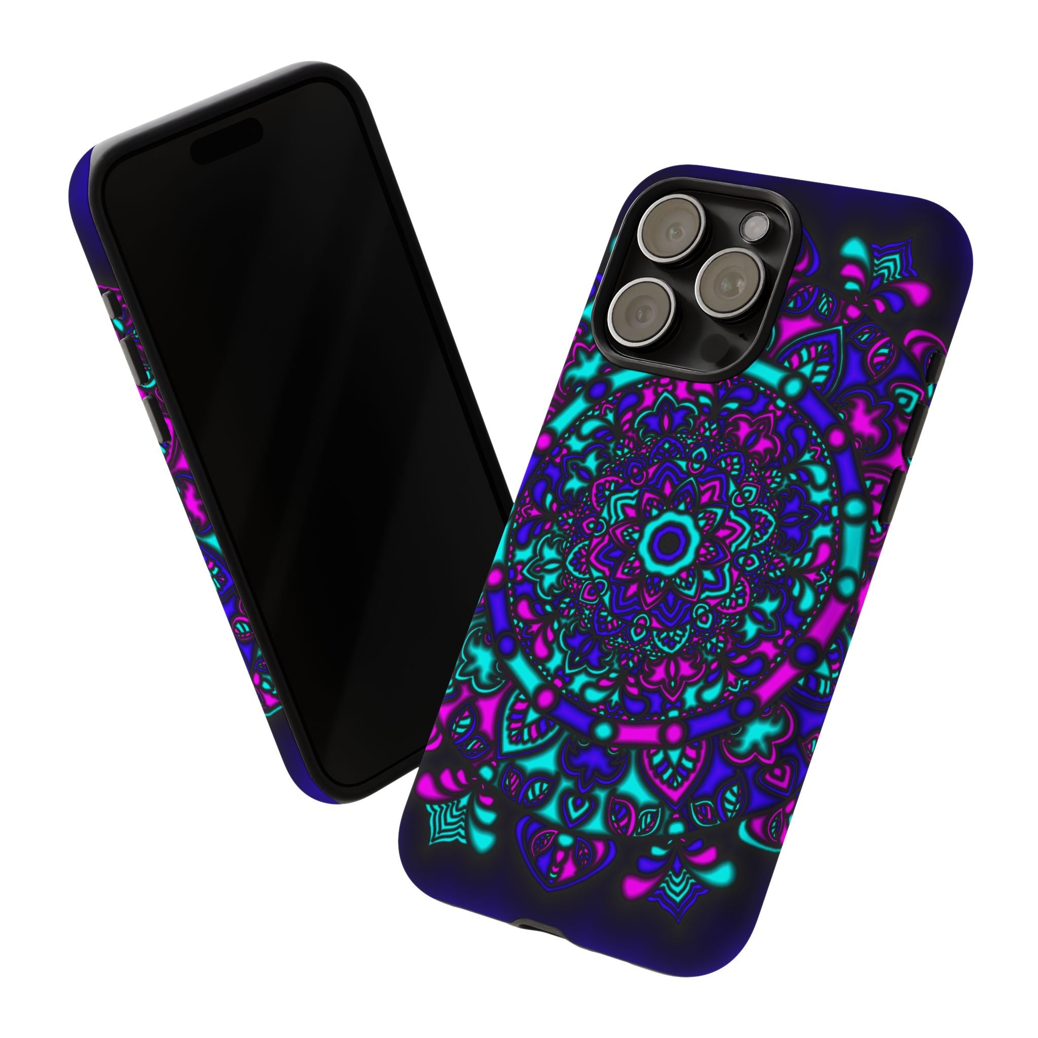 Mandala Neon Phone Case — Purple & Teal Protective Tough Case