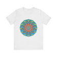 Vibrant and intricate Rainbow Mandala Tee featuring a colorful and detailed design