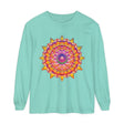 Colorful and intricate mandala design featured on a unisex long sleeve t-shirt