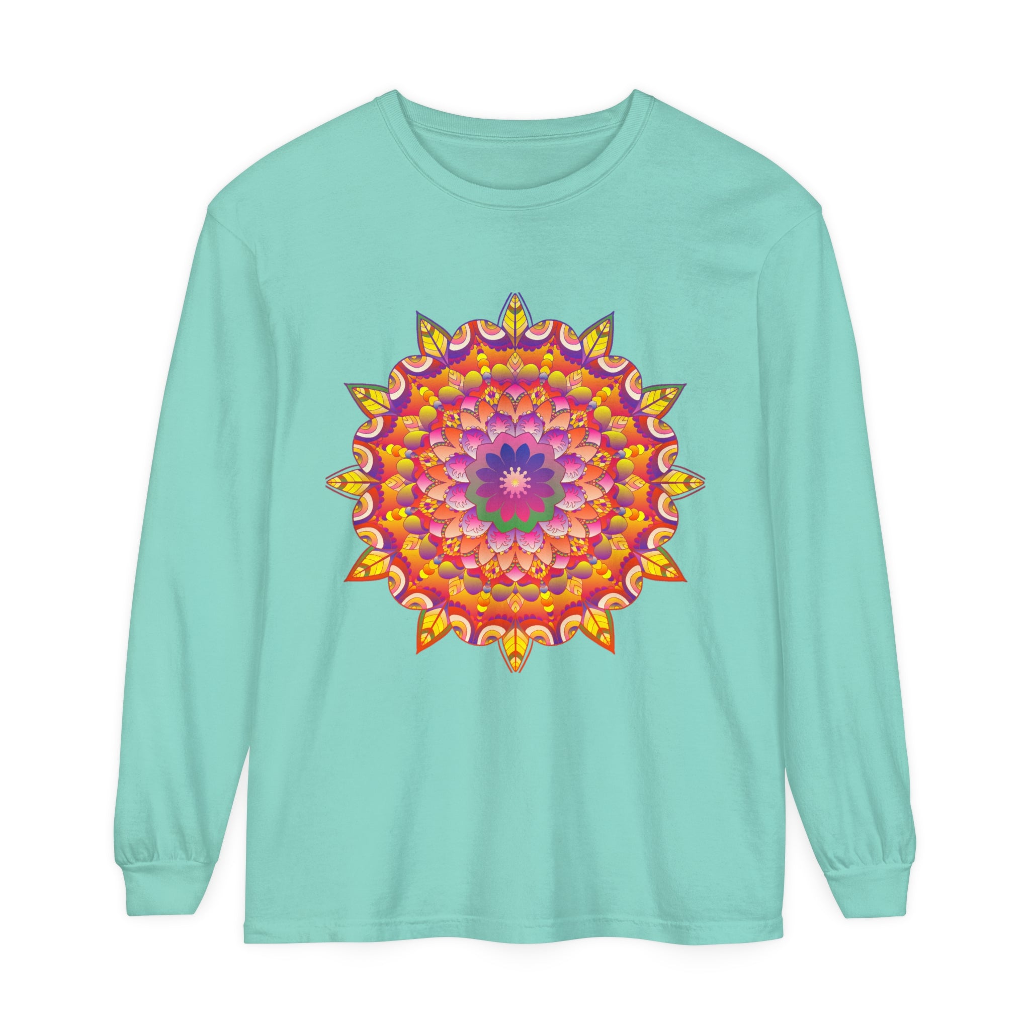 Colorful and intricate mandala design featured on a unisex long sleeve t-shirt