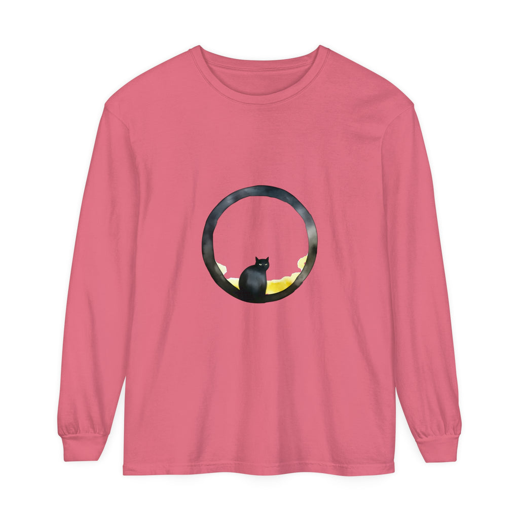 Black Cat Moon Glow Long Sleeve T-Shirt, a comfortable and stylish top featuring a black cat against a moonlit background