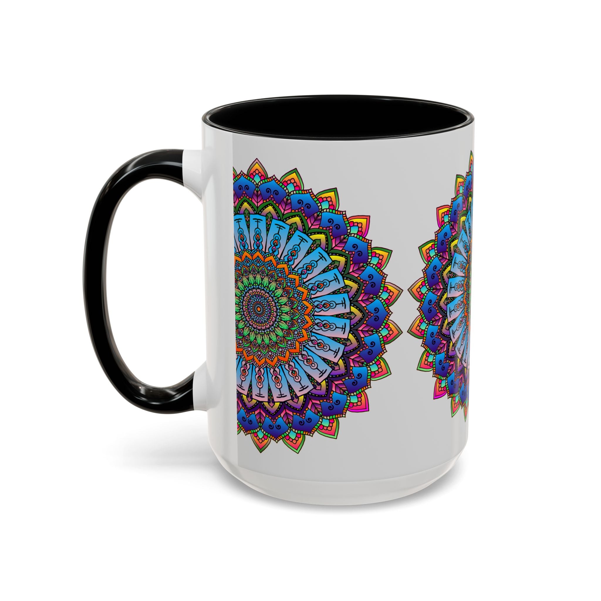  Intricate mandala artwork in vivid hues on a grey mug 