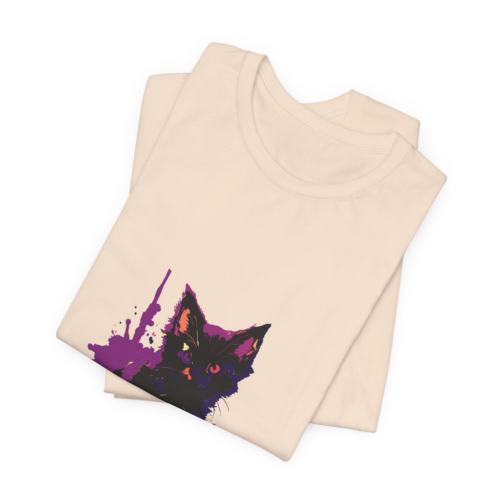 Schwarzes Katzenrätsel – Lila Farbspritzer-T-Shirt