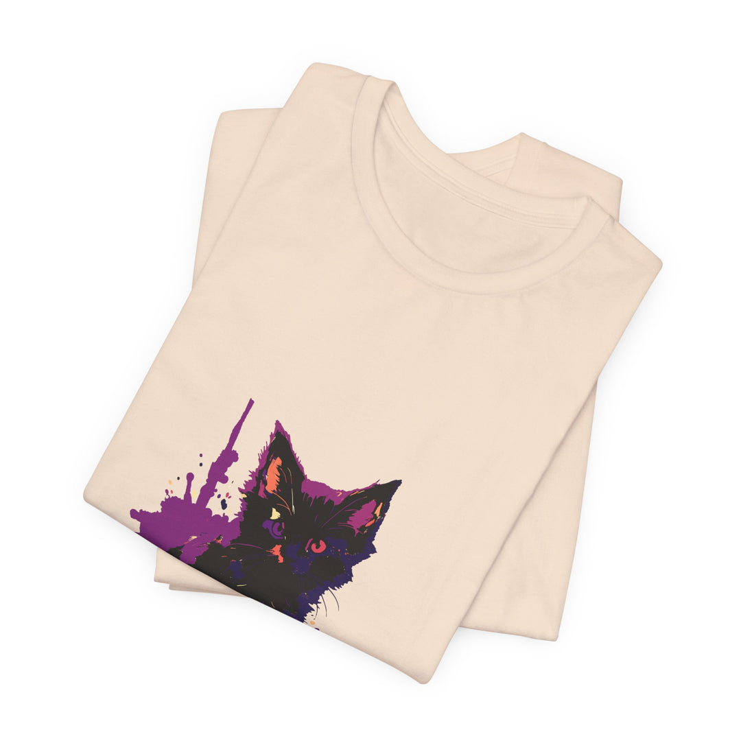 Schwarzes Katzenrätsel – Lila Farbspritzer-T-Shirt
