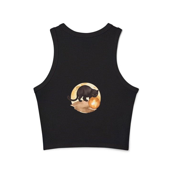  Woman wearing Black Cat Moon Racerback Tank Top while sitting on a moonlit bench