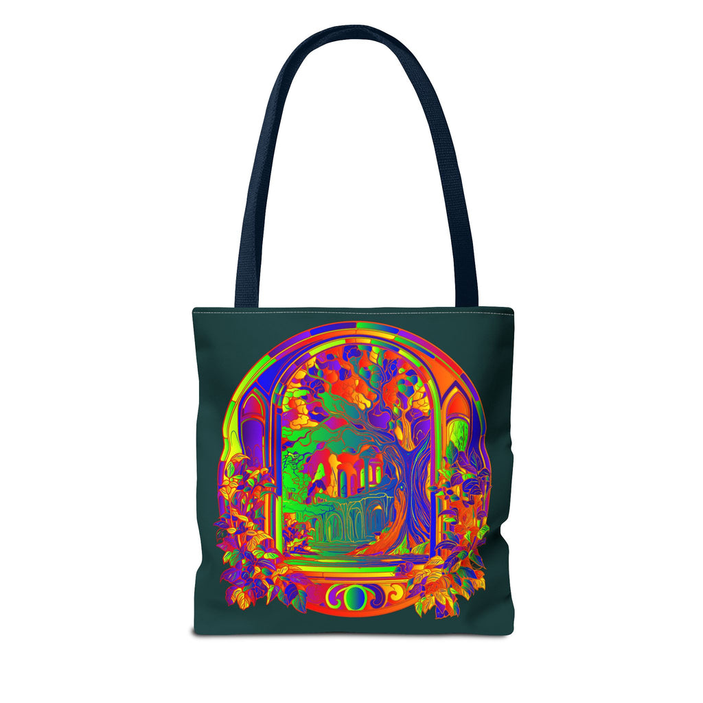 Colorful mandala design tote bag with mystical nature theme, perfect for carrying your essentials while adding a touch of bohemian style to your outfit