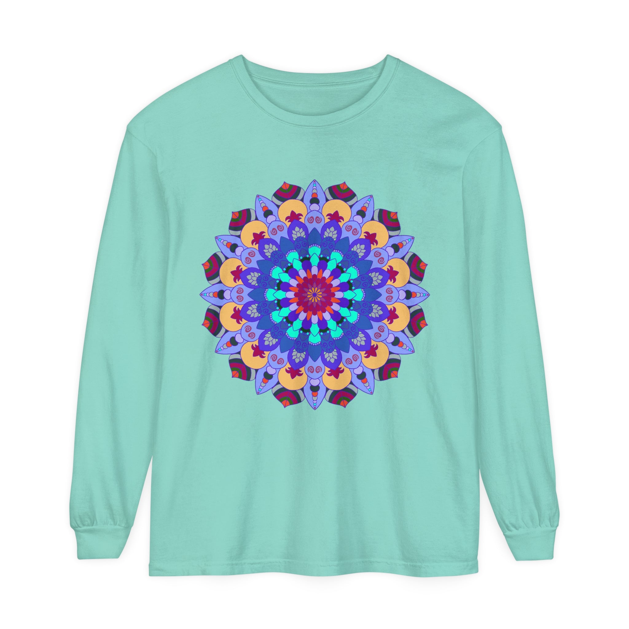 Colorful and eye-catching long sleeve t-shirt featuring a vibrant mandala design