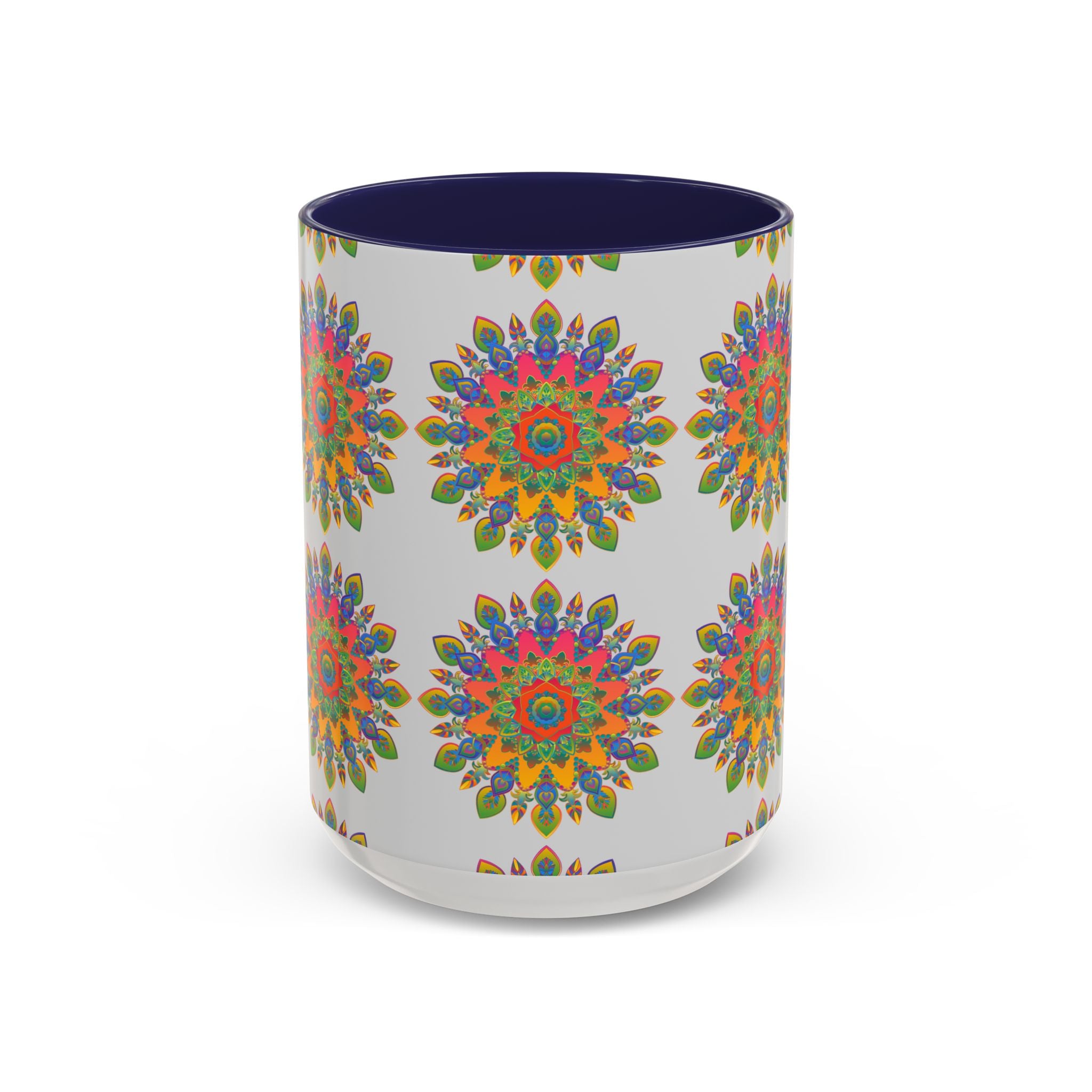 Colorful mandala mug featuring vibrant and intricate artwork on a grey background