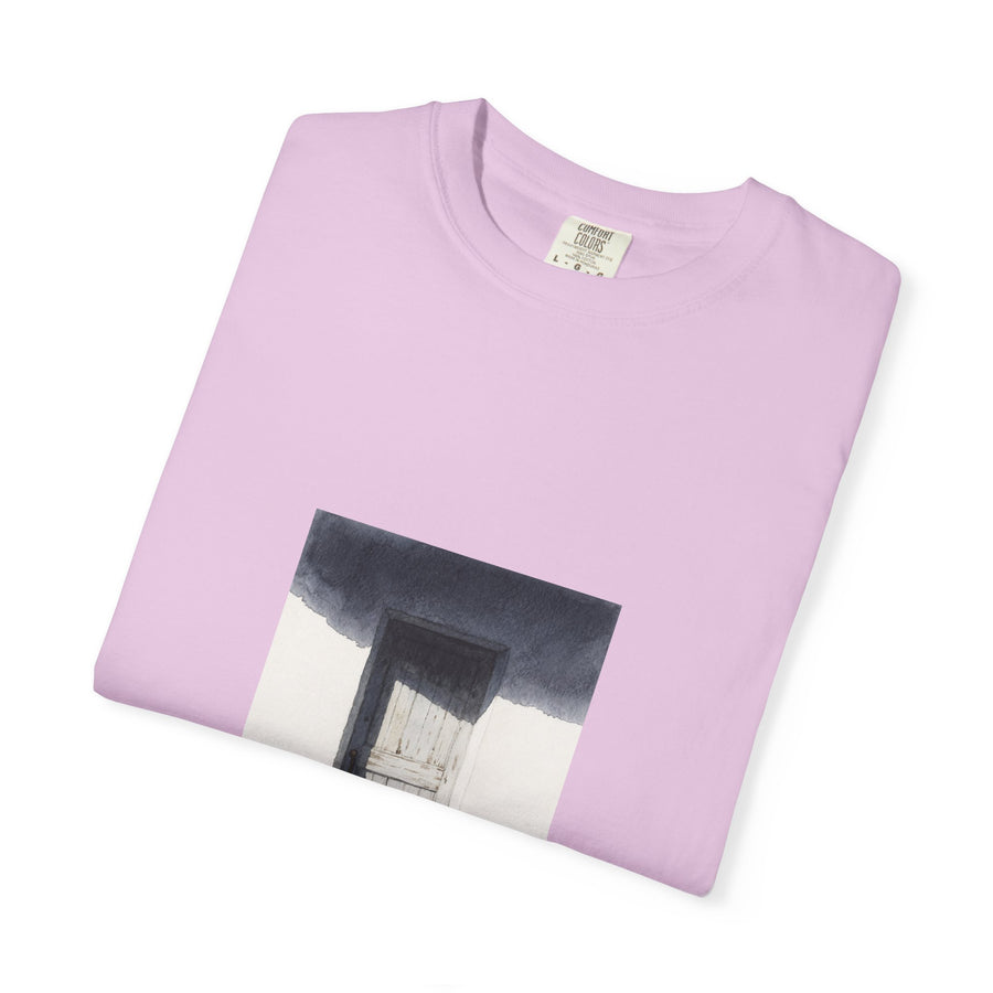 T-Shirt — Minimal Art Cat at Door Graphic Tee