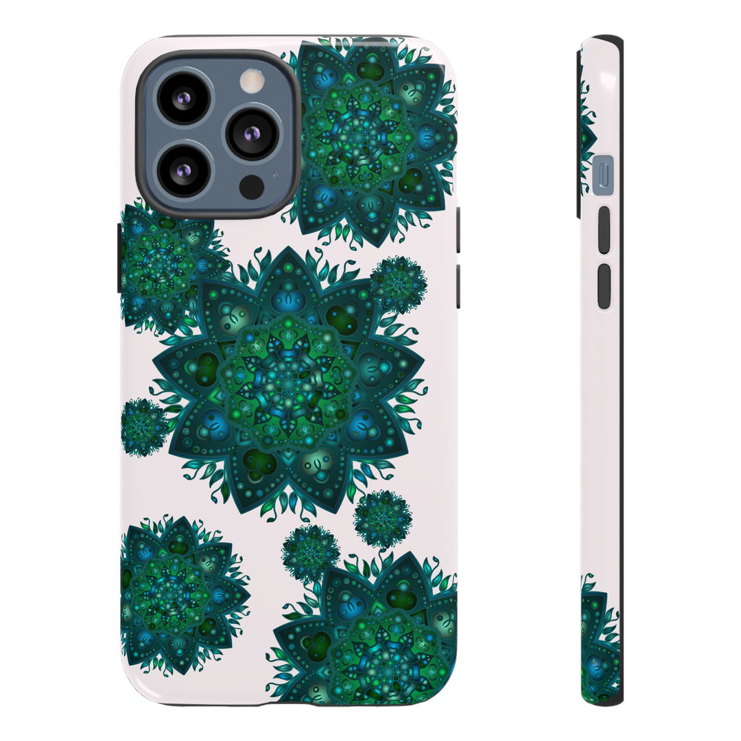 Beautiful light pink and green mandala phone case with peaceful and intricate design