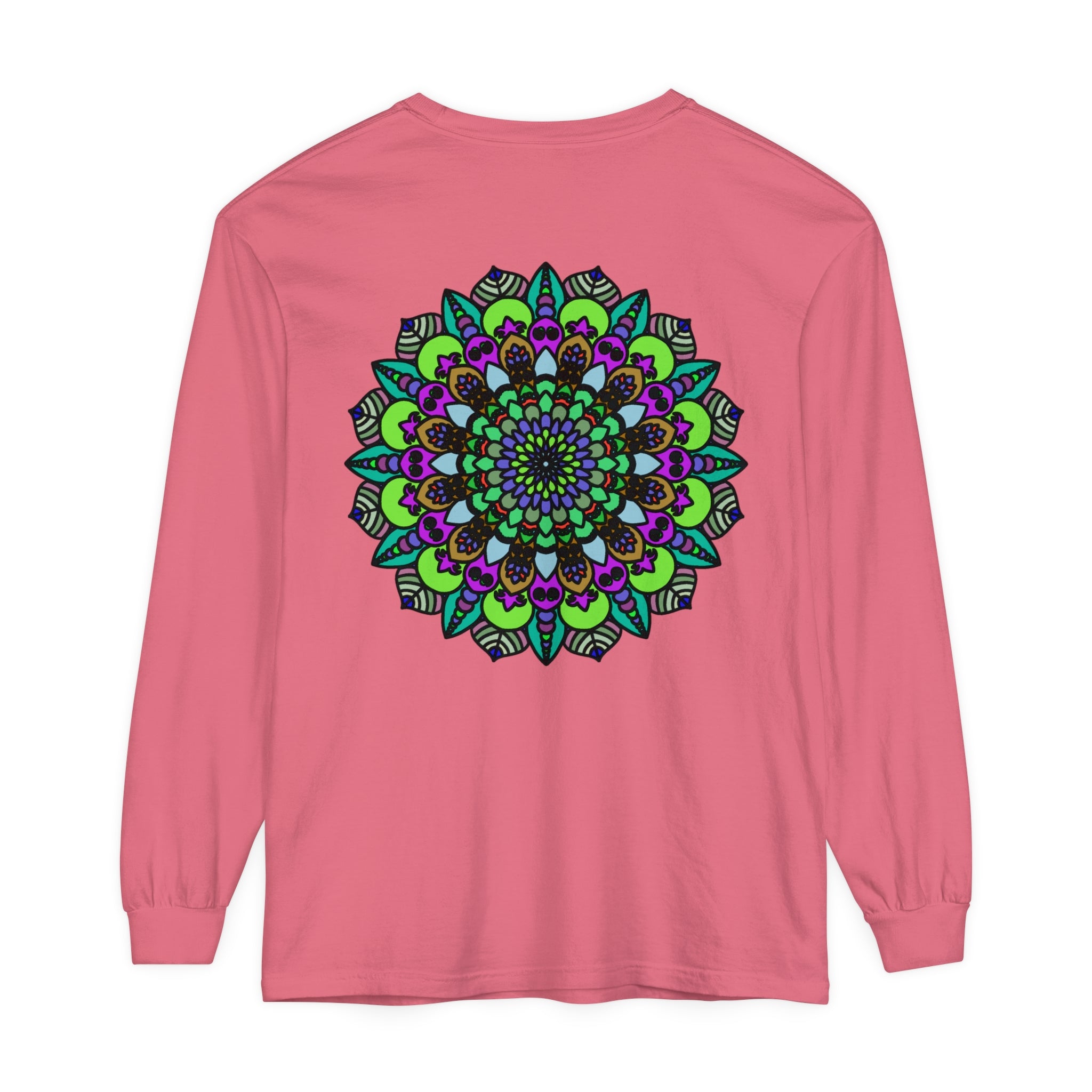 Colorful and intricate mandala design on a unisex long sleeve t-shirt